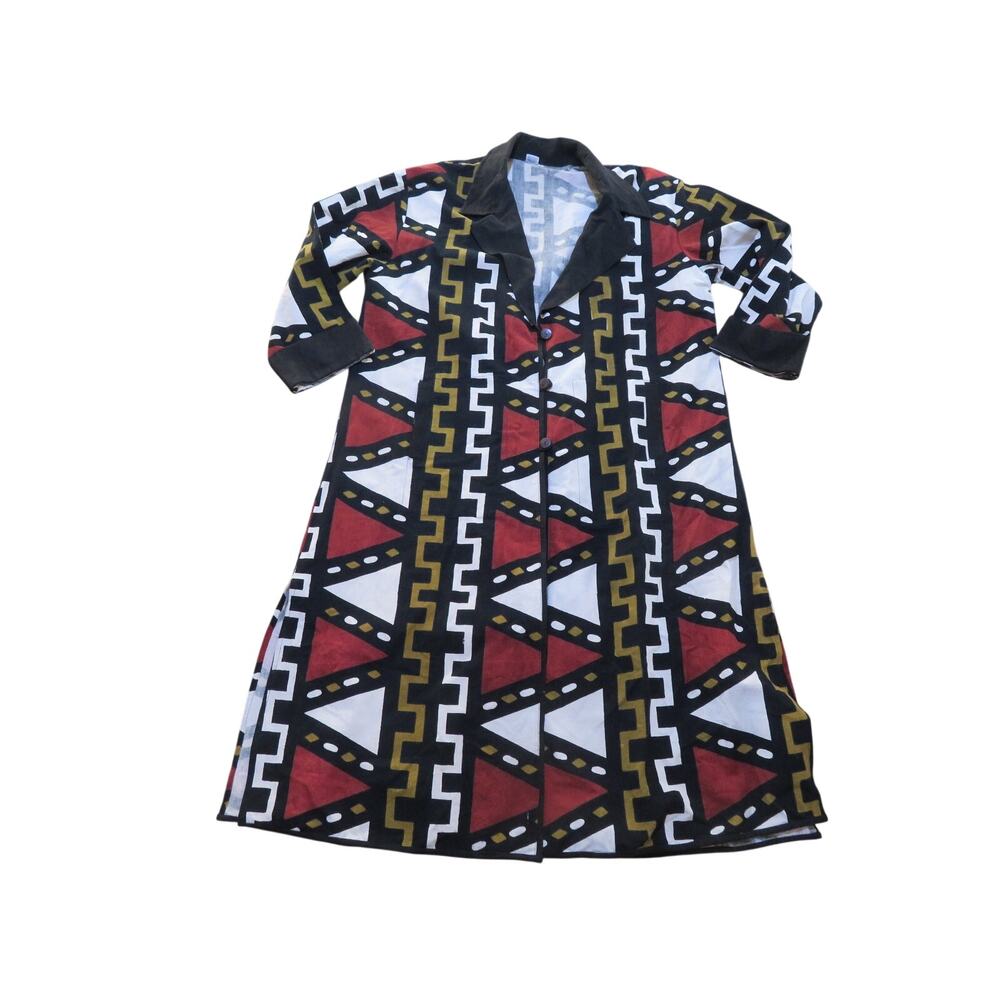 Geometric Long Tunic Coat Hippie Boho Cotton Black Red Made in India Sz L